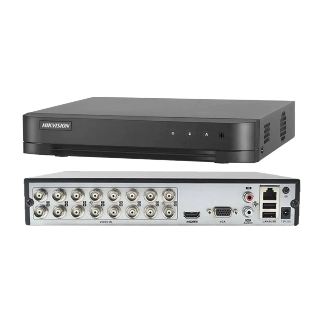 HIKPRO. DVR 16CH ACUSENSE (4 CH DETEC HUMANO/COCHE), 5 EN 1 (TVI, AHD, CVI, ANALÓG E IP) 8MPX, 2HDD 10TB (N.I.), 4 E AUDIO, 16E/4S ALARM, HDMI 4K,VGAY
