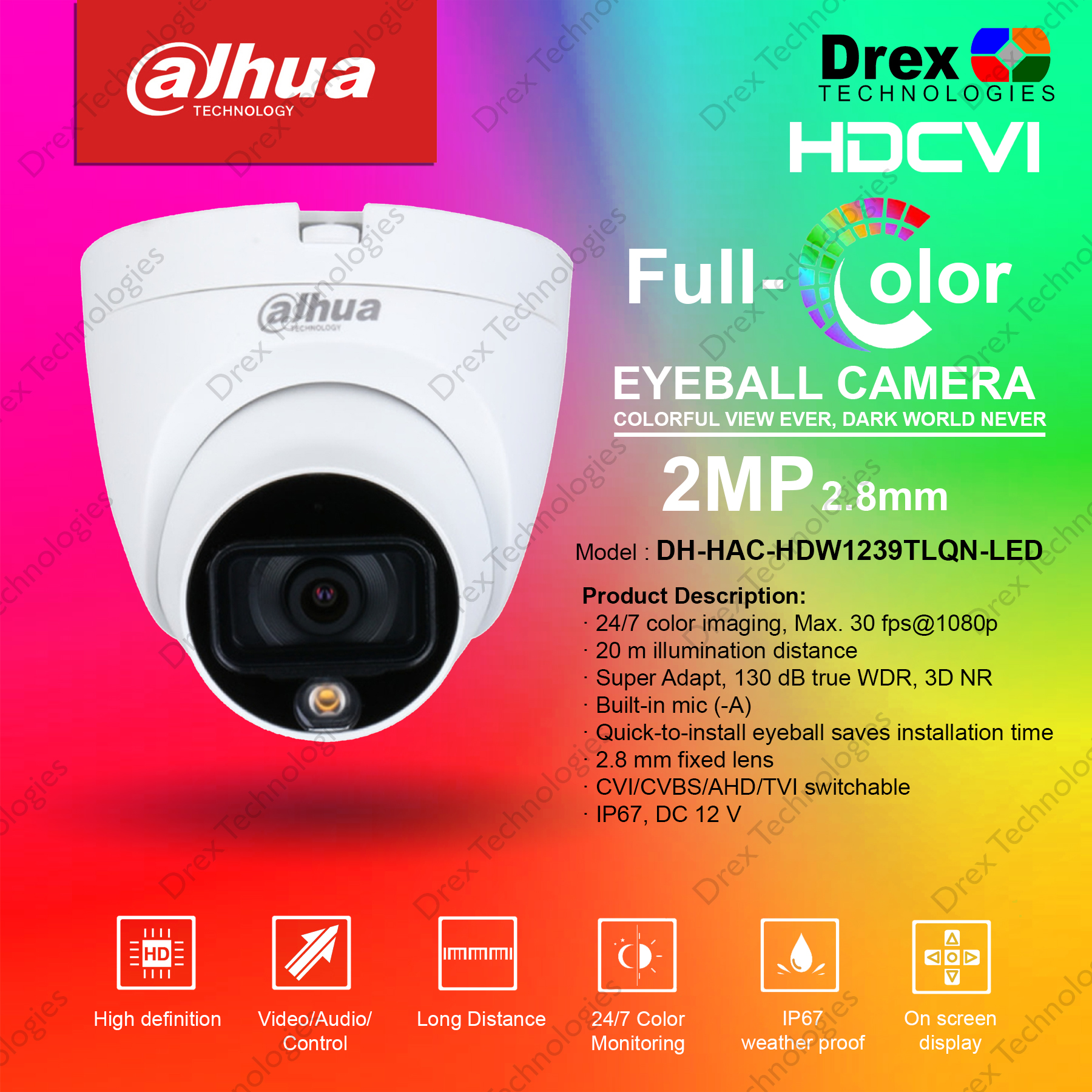 Cámara Análoga Torreta 2MP Full color lente fijo 30m LED 130 dB WDR 3DNR con audio IP67 Metal y plástico