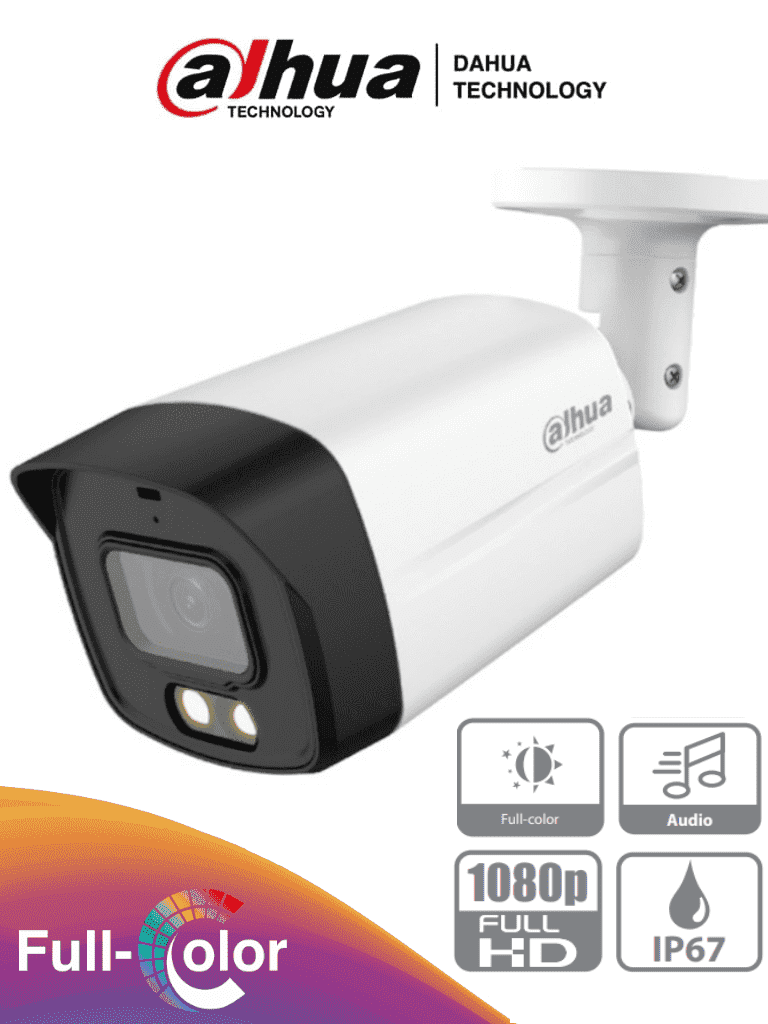 Cámara Análoga Bala 2MP Full color lente fijo 40m LED DWDR 3DNR con audio IP67 Metal y plástico