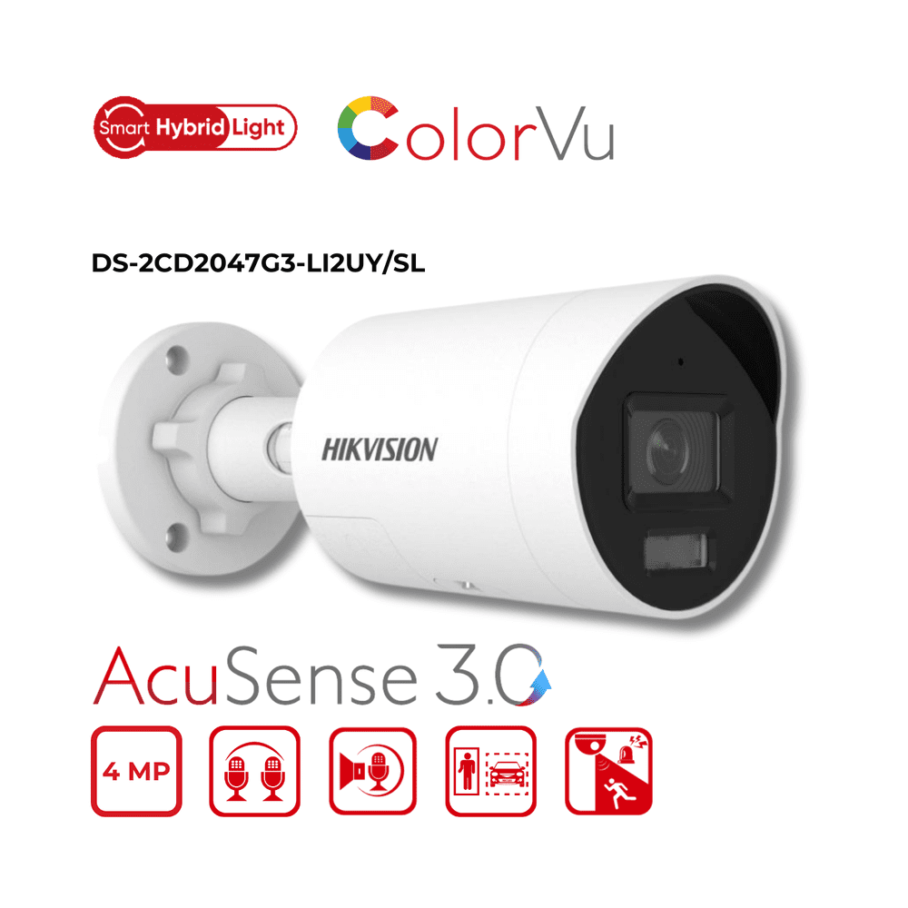 CÁMARA BULLET IP FIJA DE 4 MP CON COLORVU, LUZ HÍBRIDA INTELIGENTE, DETECCIÓN DE PERSONAS Y VEHÍCULOS, MICRÓFONOS DUALES, AUDIO BIDIRECCIONAL, DISEÑO
