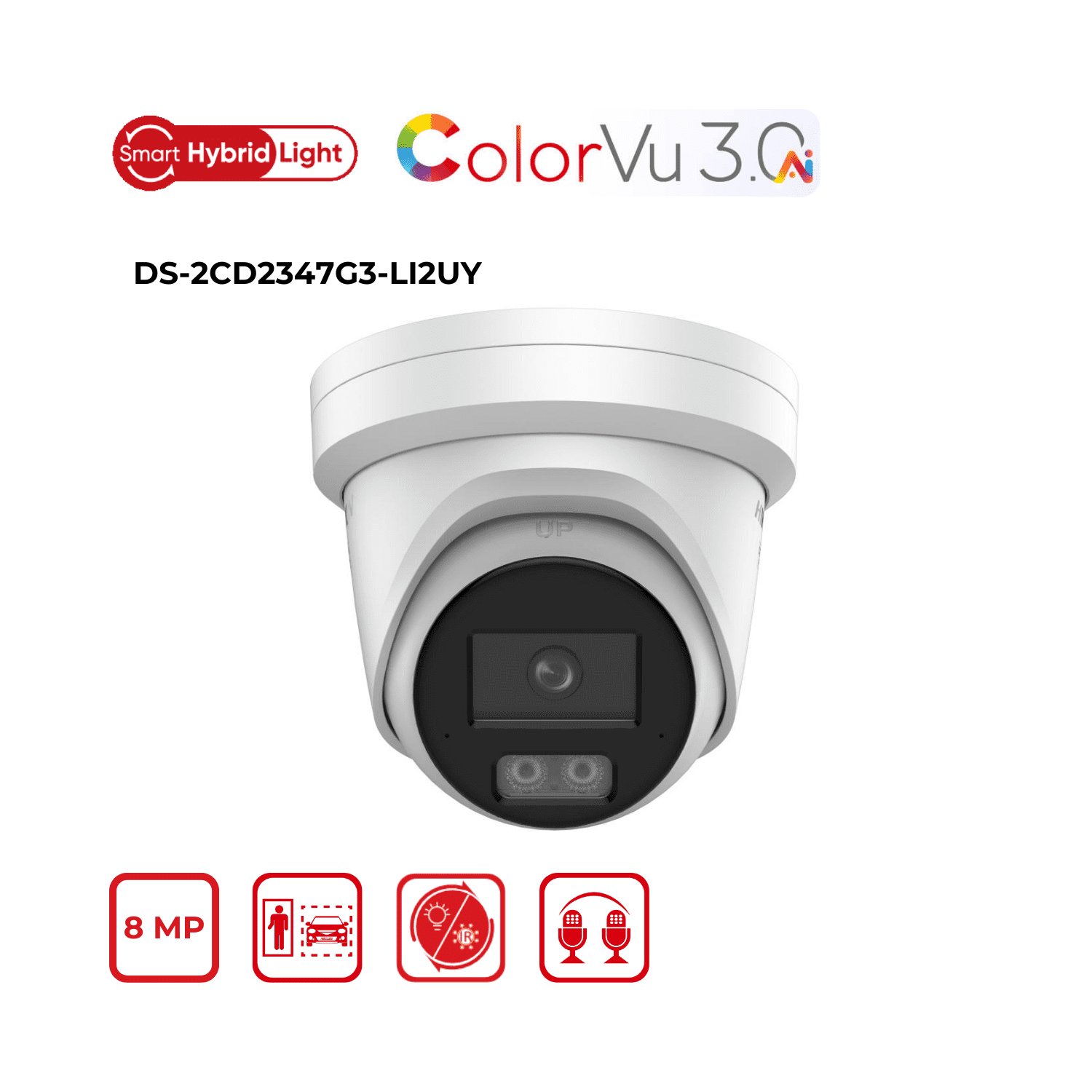 CÁMARA TURRET IP FIJA DE 4 MP CON COLORVU, LUZ HÍBRIDA INTELIGENTE, DETECCIÓN DE PERSONAS Y VEHÍCULOS, MICRÓFONOS DUALES, AUDIO DE ALTA CALIDAD, DISEÑ