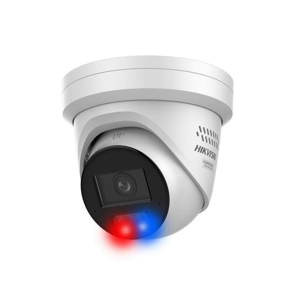 CÁMARA TURRET IP FIJA DE 4 MP CON COLORVU, LUZ HÍBRIDA INTELIGENTE, DETECCIÓN DE PERSONAS Y VEHÍCULOS, MICRÓFONOS DUALES, AUDIO BIDIRECCIONAL, INTERFA